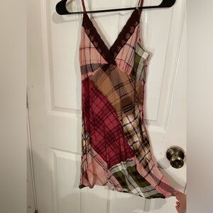 Plaid Dress With Lace Women’s Size Medium Brown White Green Pink ..